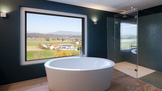 Einfamilienhaus Badezimmer ovale Badewanne Dusche Parkettboden
